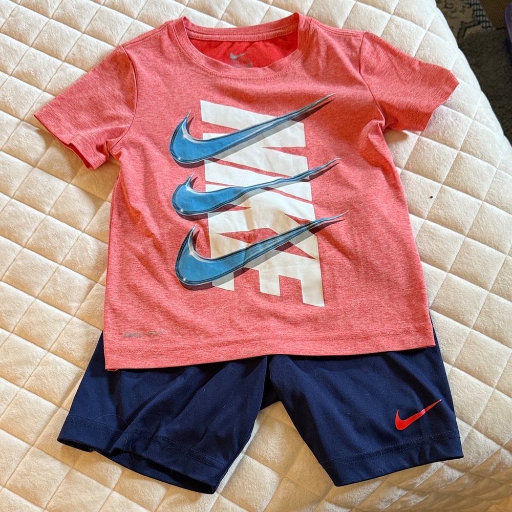 Nike Coral and Navy Kids Tee and Shorts Set